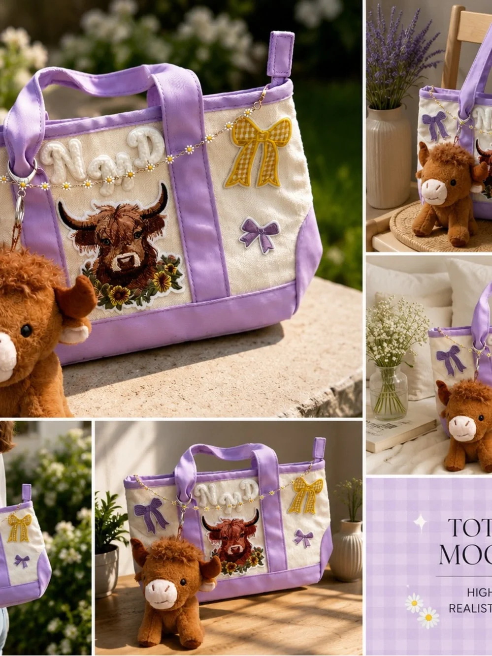Kids Plush Bull Charm Tote Bag - Lavender